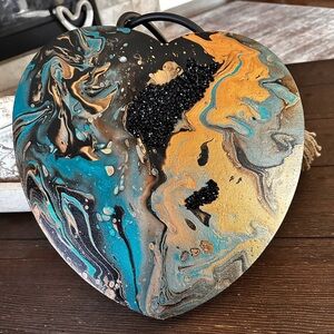 Hand crafted original blue and black heart shaped acrylic painting on canvas